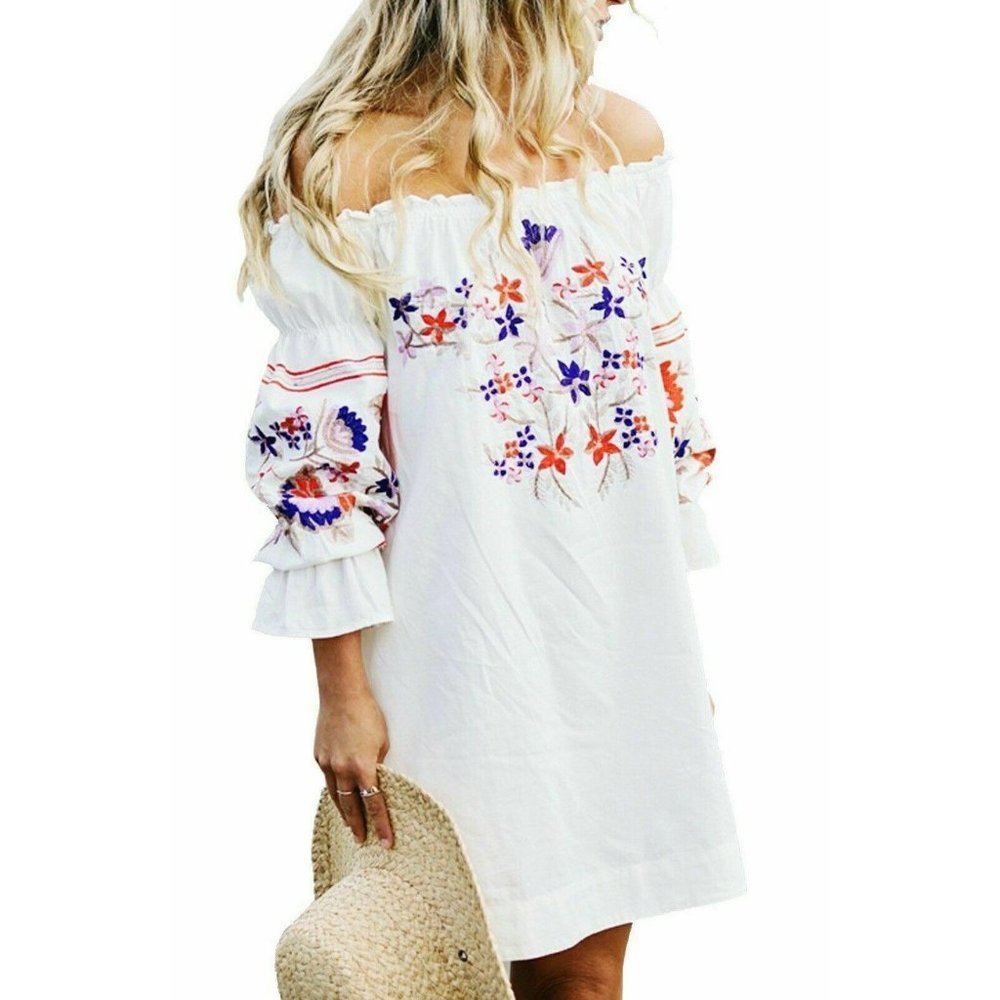 R.Vivimos Womens White Floral Embroidered Off Shoulder Shift Dress Size Large